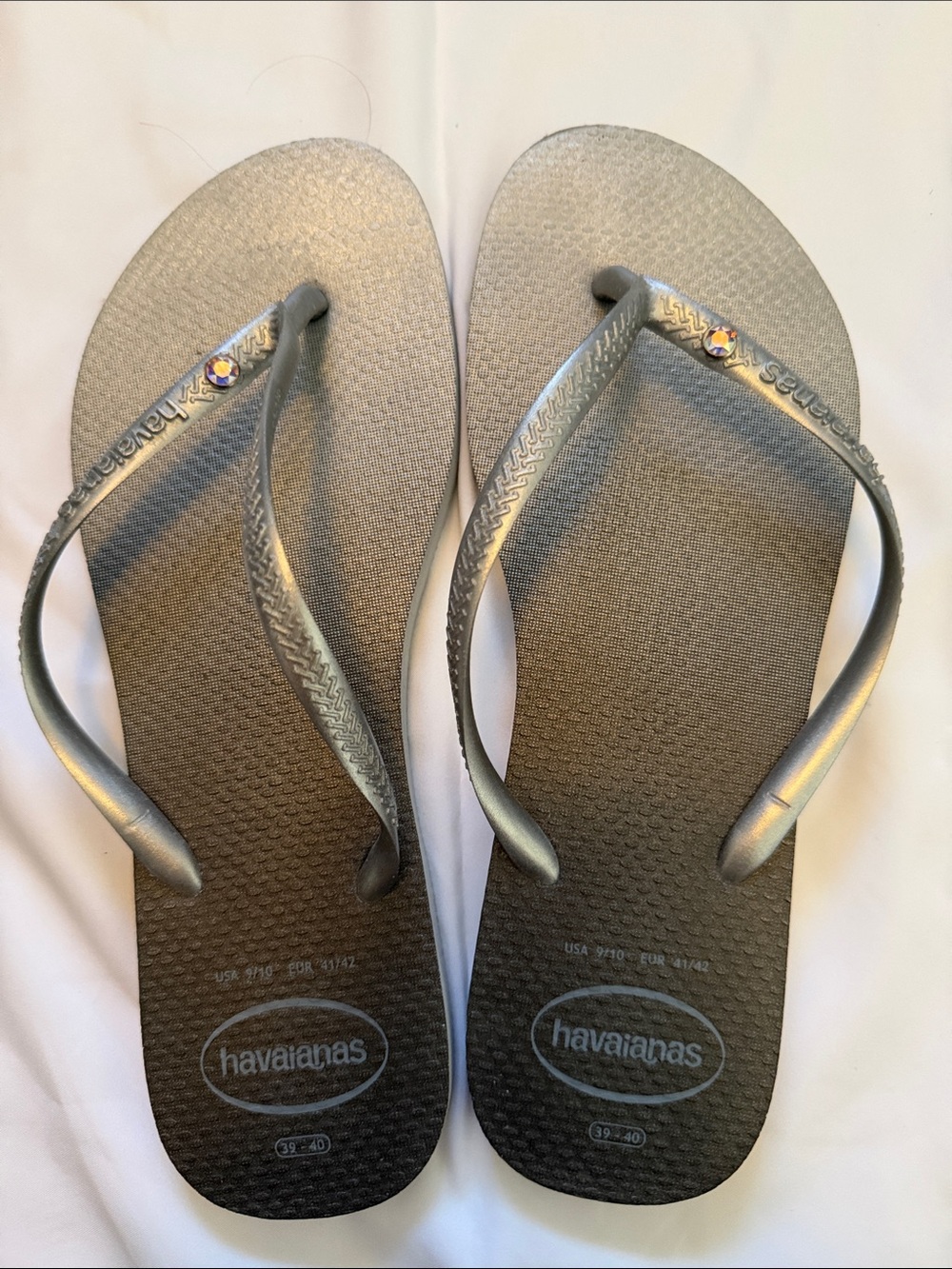 Havaianas Women's Metallic Silver Flip Sandals with Rhinestone Accent